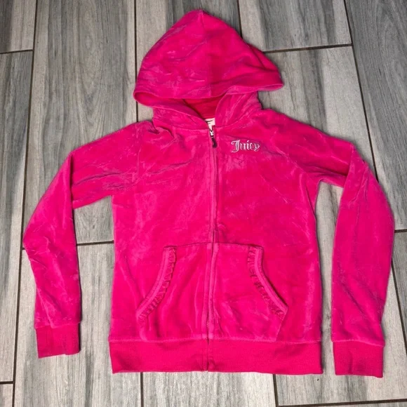 Girls Juicy Couture Pink Velour Zip Up Jacket With Hood Dog Print on Back 8-10 - Picture 2 of 6